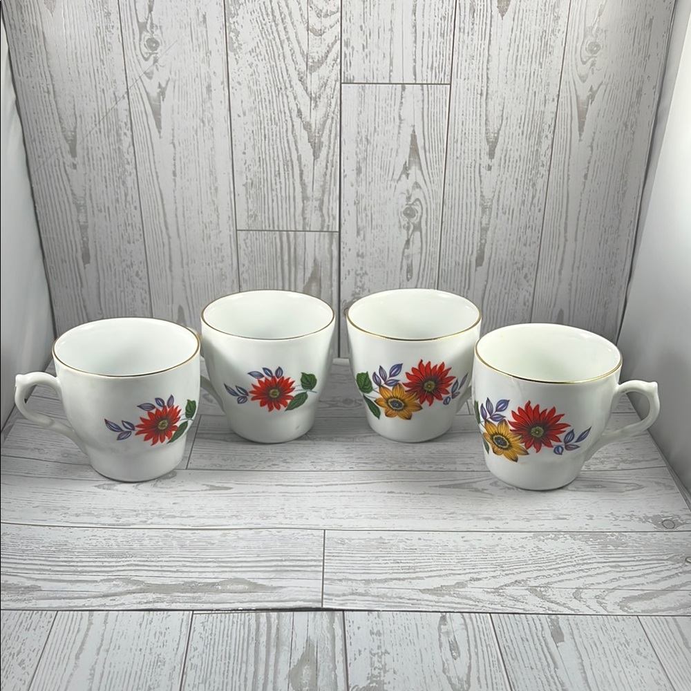 JRJS Cluj Regent Porcelain Floral Mugs w/Gold Rim - Set of 4 - Made in Romania
